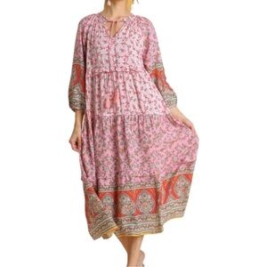 Umgee Boho Mixed Floral Print Maxi Dress Tie Front Small